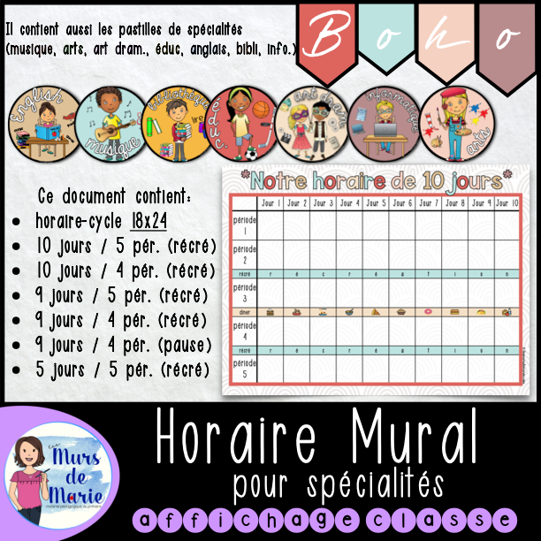 BOHO DÉCOR DE CLASSE - HORAIRE SPÉCIALITÉS